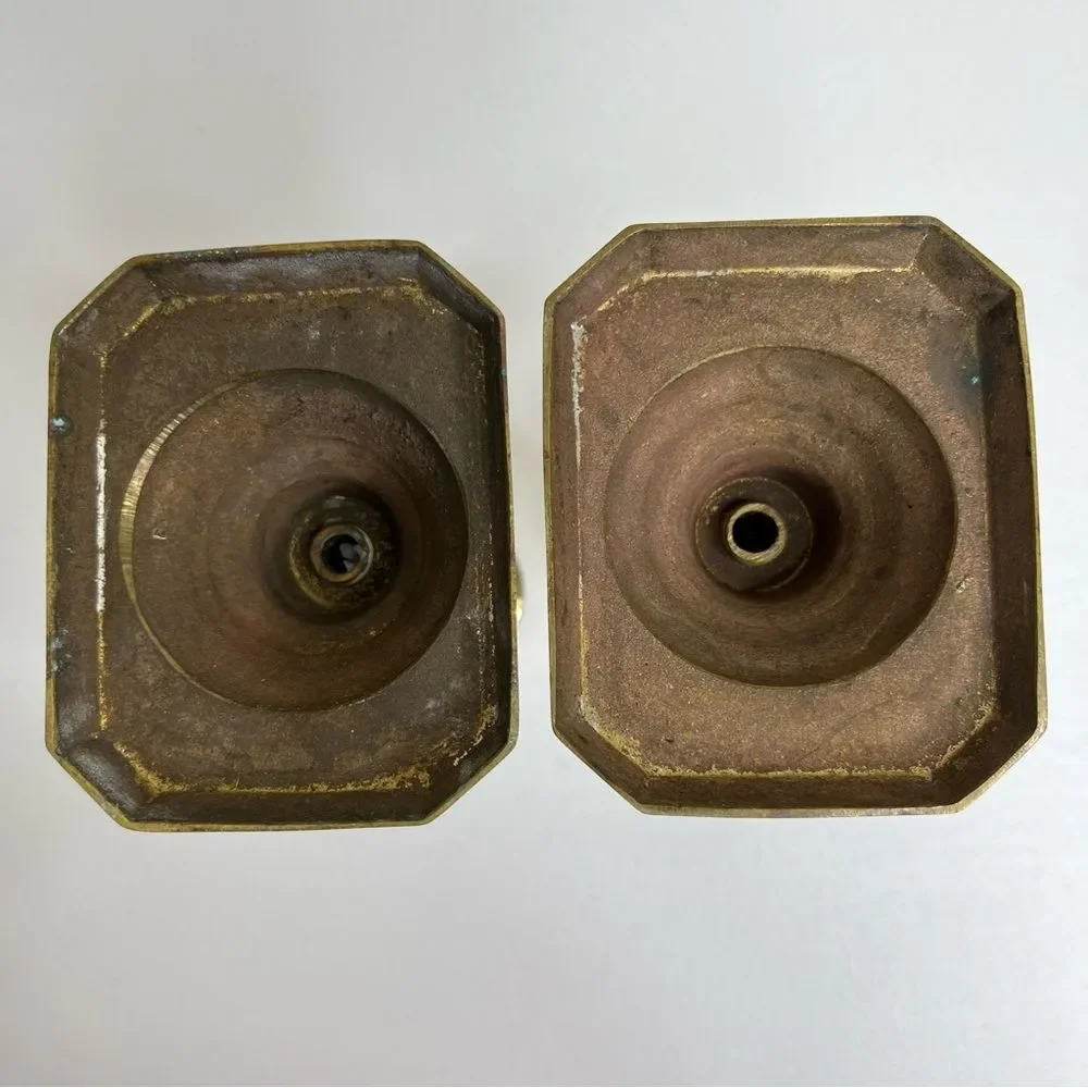 Vintage Pair Brass Candlestick Holders Heavy Patina Set 2 Approx 8.5 Inch Tall